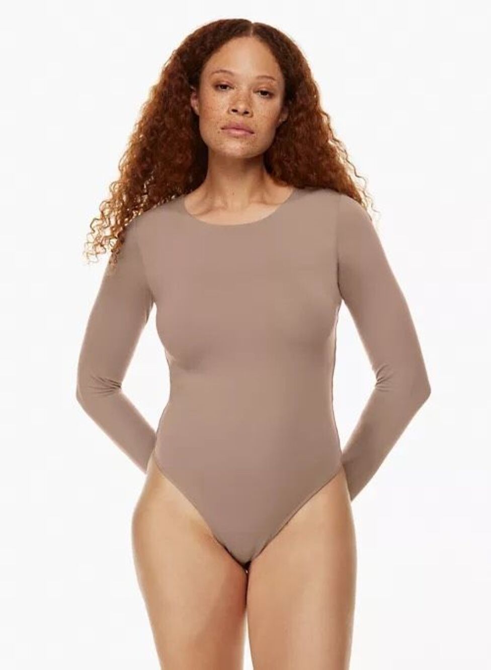 Aritzia Babaton Women's Contour Crew Neck Long Sleeve tan Bodysuit L NEW